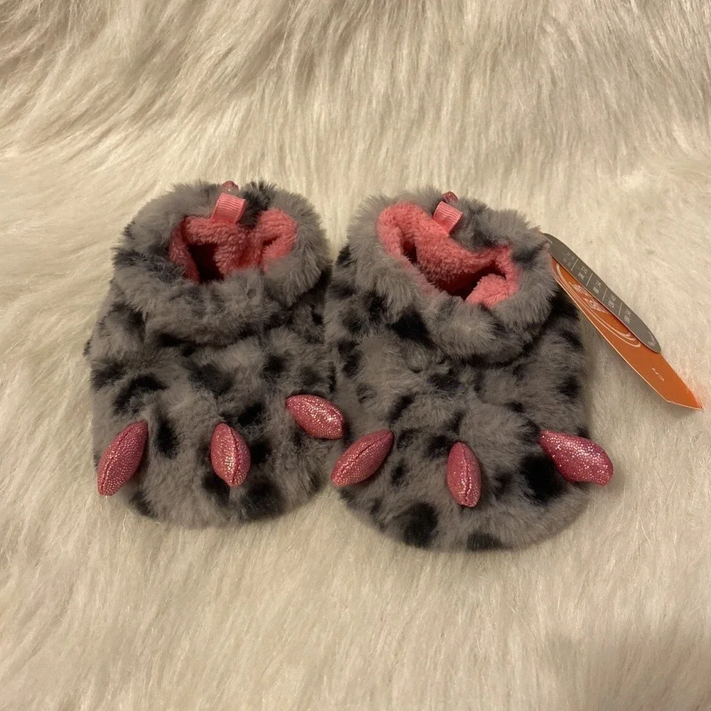 Wonder Nation Slippers Toddler Girls Size 5 Gray Pink Animal Claw Shoes NEW